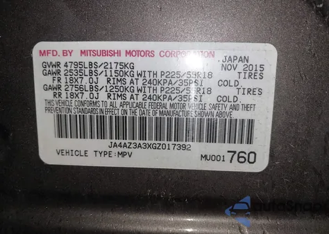 2016 Mitsubishi Outlander Se from USA, damaged, VIN JA4AZ3A3XGZ017392